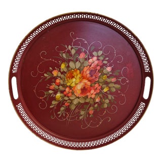 1950s French Tole Tray With Hand Painted Rose Flowers For Sale