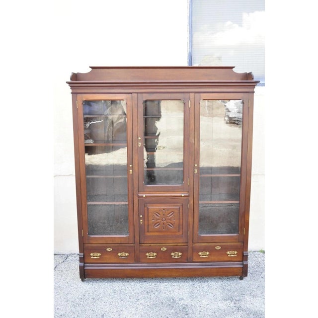 Antique Eastlake Victorian Walnut Wavy Glass Triple Bookcase Display Cabinet For Sale - Image 13 of 13
