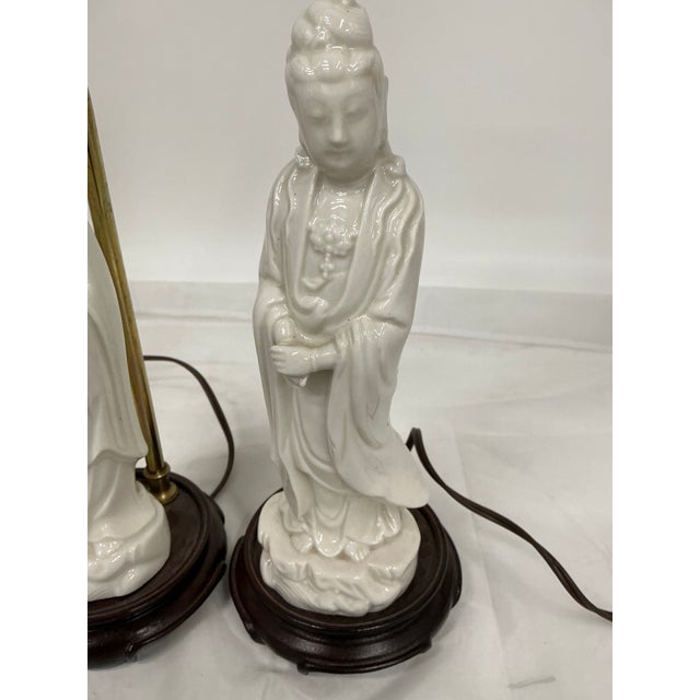Pair of Asian Style Vintage Blank De Chine Porcelain Figural Lamps For Sale - Image 9 of 12