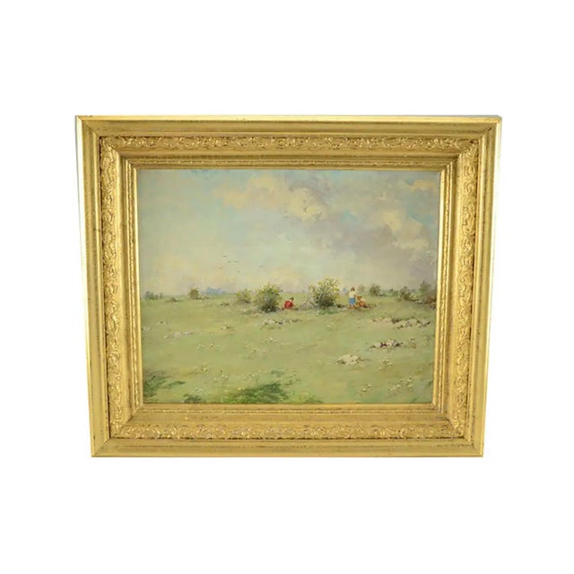 1950s Original Mid-Century Children in a Field Acrylic Painting on Stretched Canvas Anco Bilt 20 Signed For Sale - Image 4 of 9