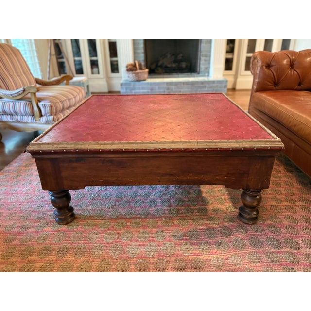 Vintage Campaign-Style Red Leather Trunk Coffee Table With Brass Nailhead Detail For Sale - Image 4 of 8