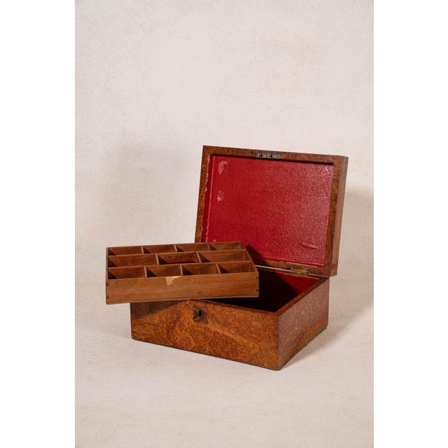 Wood Antique English Burl Walnut Box With Red Painted Interior For Sale - Image 7 of 10