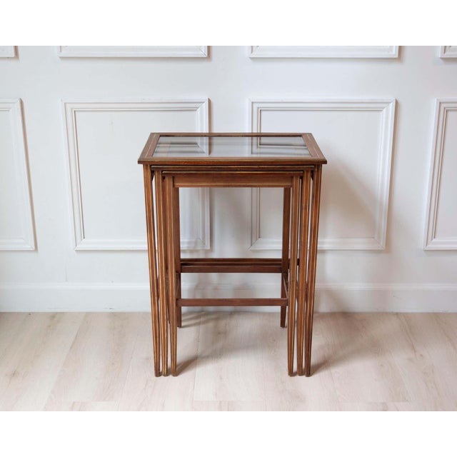 Set of Three Mahogany Nesting Tables with Glass Tops, France, Mid-20th Century For Sale - Image 15 of 17