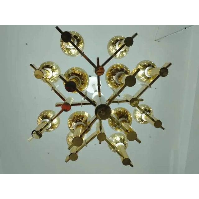 1960s 1960s Mid-Century Modern Brass and White Painted Metal Chandelier For Sale - Image 5 of 11