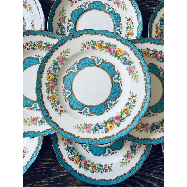 English Vintage Crown Staffordshire Lyric Tunis Blue Bread Plates – Set of 9 – Fine Bone China England – 1930s–1950s For Sale - Image 3 of 12