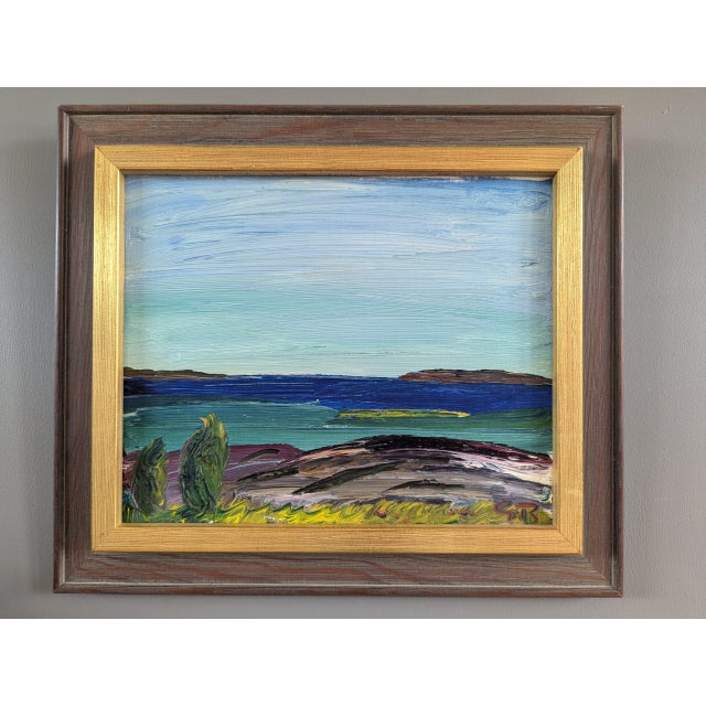 ECHOES OF THE COAST Size: 12.2 x 14 inches (including frame) Oil on board A dynamic yet serene mid-century modernist...