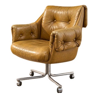 Mid-Century-Modern-Swivel-Chairs | Tufted Tan Leather Look, Chrome Base (Vintage) For Sale