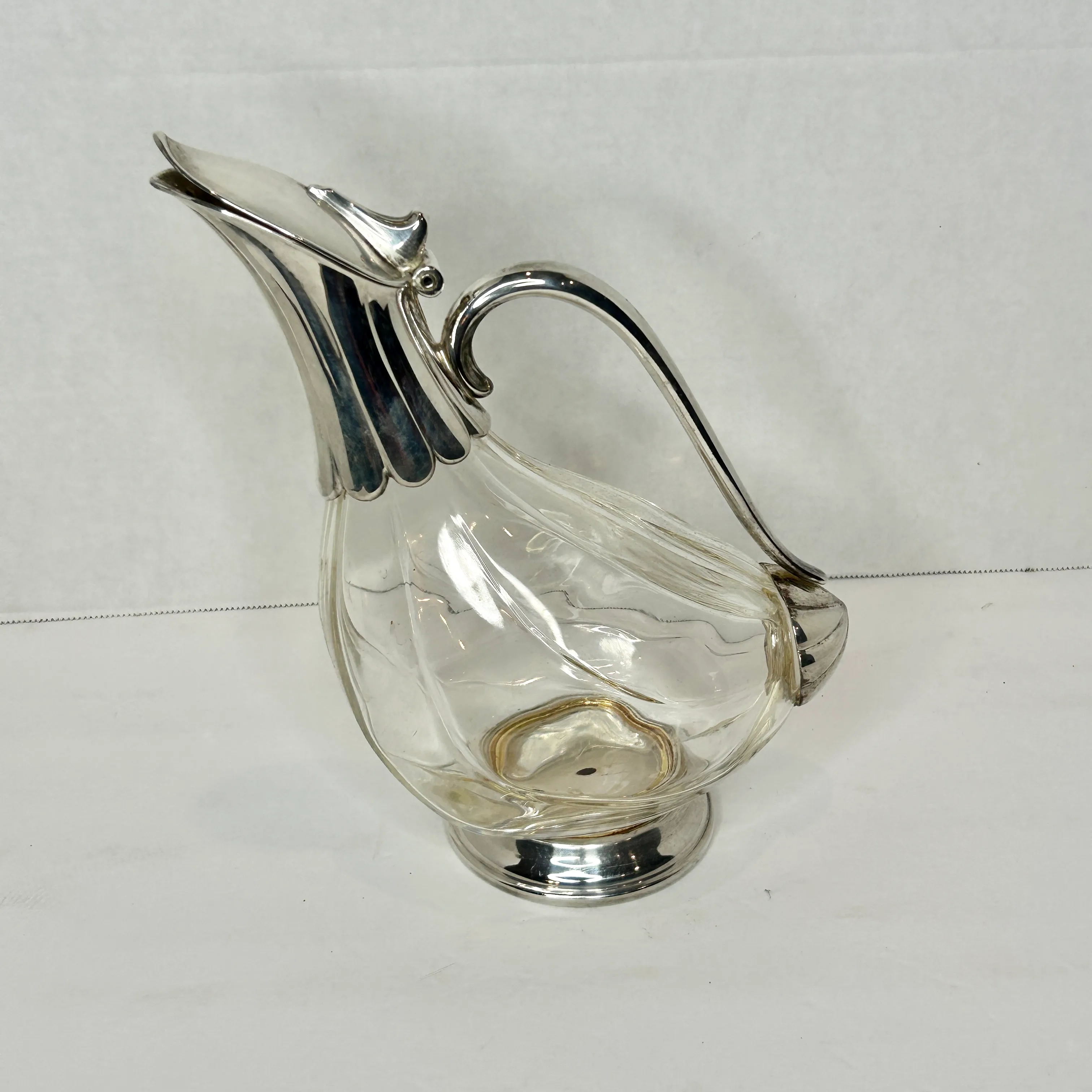 1970s Glass and Silver Plate Duck Decanter Pitcher Rock Crystal Rock