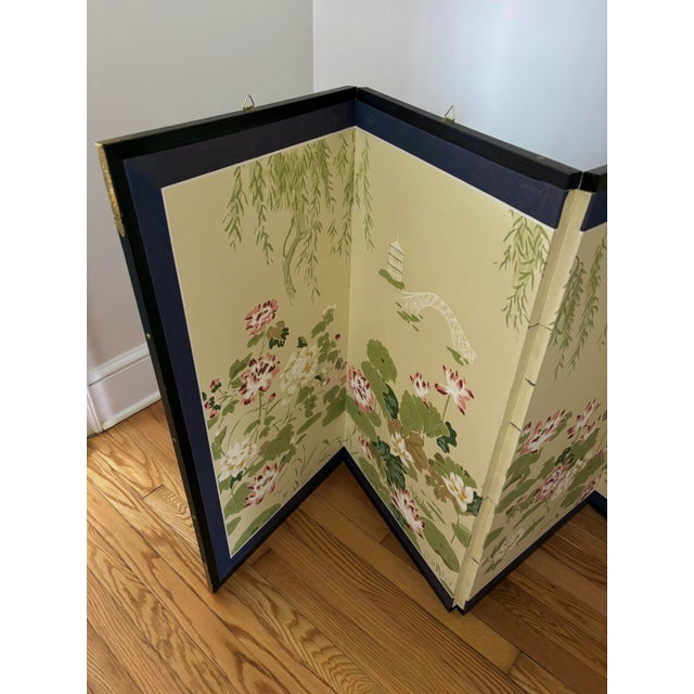 Wood Antique Japanese Byobu Four-Panel “Lotus and Heron” Folding Screen For Sale - Image 7 of 12