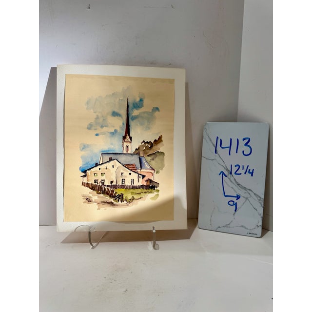 Henry Emil Salloch Original Watercolor on Paper Modernist European Village Church, 1968. For Sale In Atlanta - Image 6 of 6