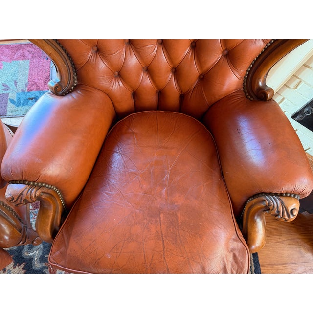 Victorian Pair of Victorian Style Tufted Leather Armchairs With Carved Wood Frames, Vintage For Sale - Image 3 of 10