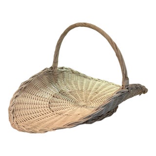 Large Vintage Whitewashed Wicker Gathering Basket With Tall Handle For Sale