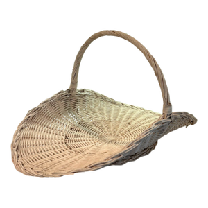 Large Vintage Whitewashed Wicker Gathering Basket With Tall Handle