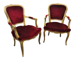 Louis XV Gold Gilt Red Velvet Chairs - a Pair