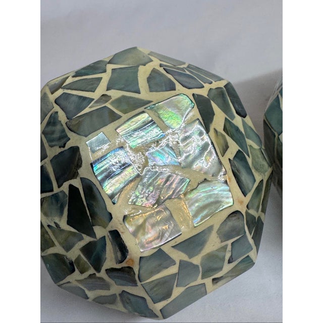 Pair of Abalone Mosaic Decor Orbs Geometric Squared Spheres For Sale - Image 10 of 11