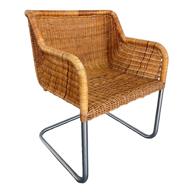Vintage Harvey Probber-Attributed D43 Wicker Armchair, Step Arm Variation, Circa 1970s For Sale