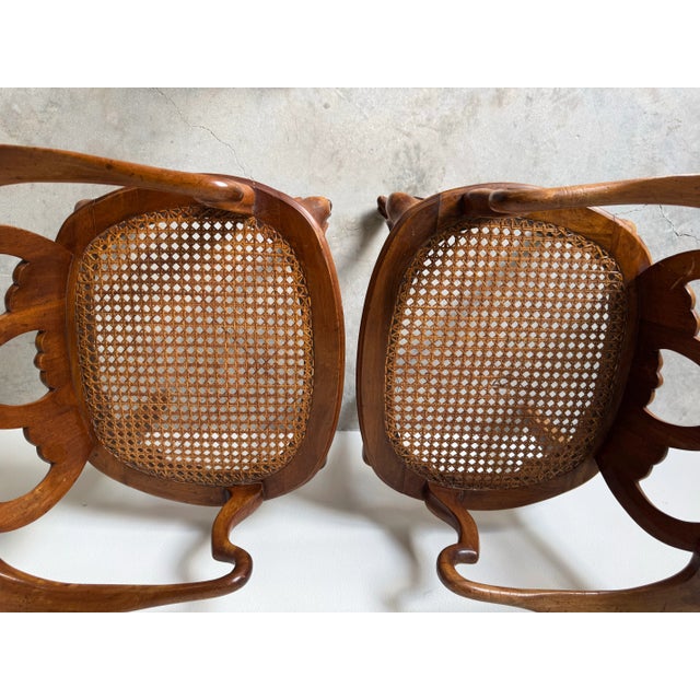Brown Italian Hollywood Regency Venetian-Style Carved Wood and Cane Seat Armchairs – A Pair For Sale - Image 8 of 12