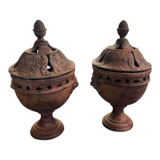 Pair of Vintage Italian Terracotta Citrus House / Greenhouse Warming Lanterns With Finials & Lion Mascarons For Sale