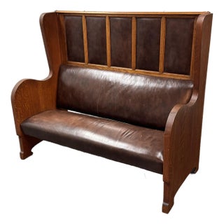 Antique High-Back Oak + Leather Settle Bench For Sale