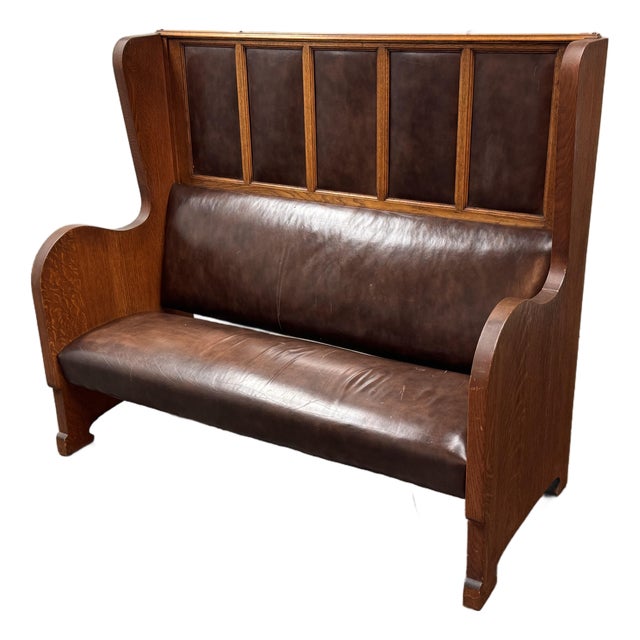 Antique High-Back Oak + Leather Settle Bench For Sale