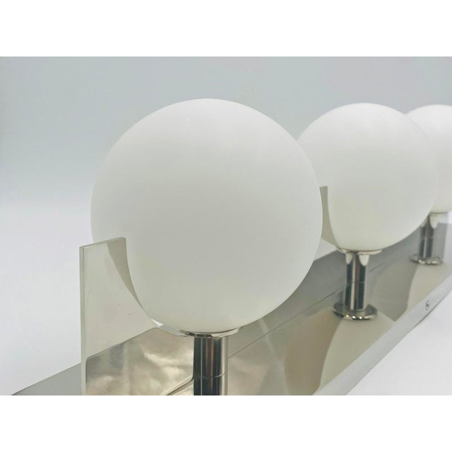 Modern Chrome 3-Globe Wall Sconce or Vanity Light, Frosted Glass Shades For Sale - Image 11 of 15