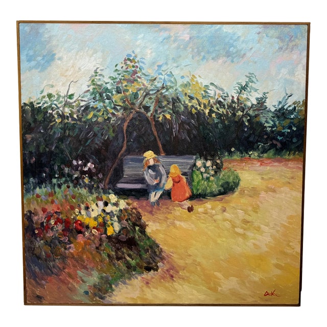 Robert Devee (1940-2017) Impressionist Landscape With Two Girls in a Courtyard Garden Painting For Sale