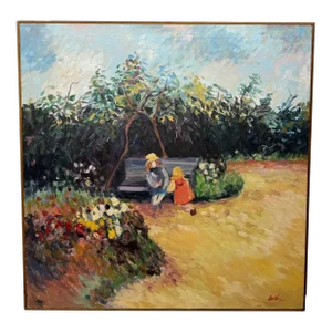 Robert Devee (1940-2017) Impressionist Landscape With Two Girls in a Courtyard Garden Painting
