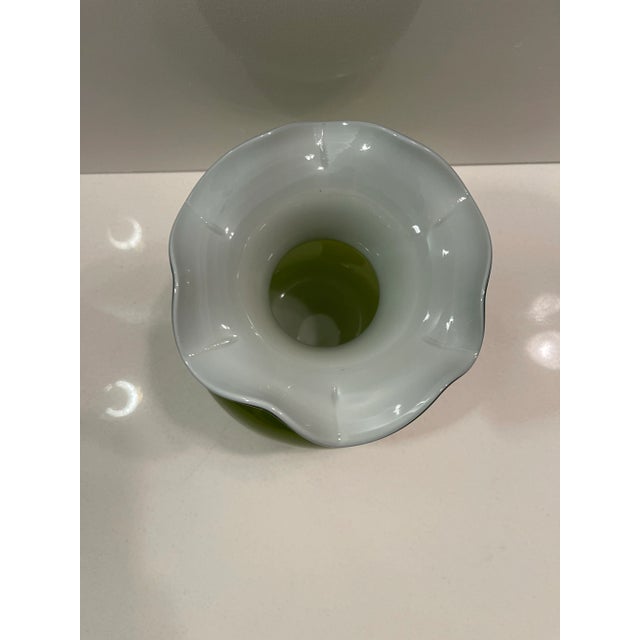 Glass Boho Chic Olive Green Vase With White Flower Top For Sale - Image 7 of 12