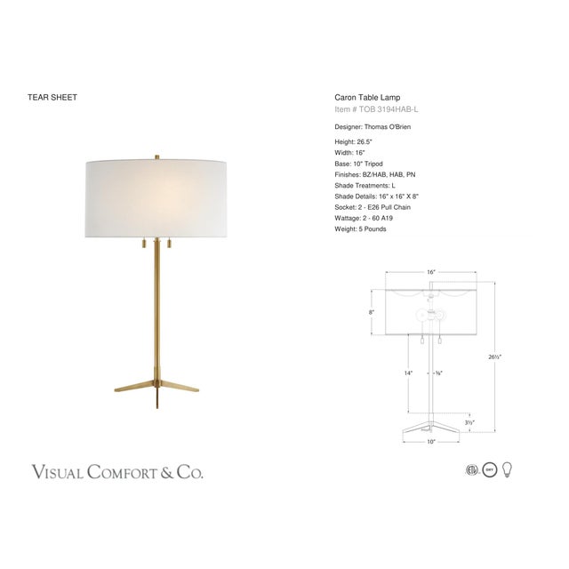 Thomas O'Brien by Visual Comfort Signature Caron Table Lamp in Hand-Rubbed Antique Brass with Linen Shade Designer: Thomas...