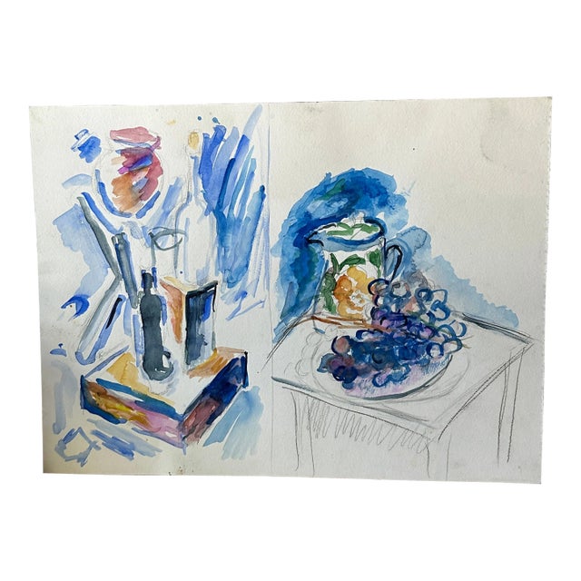 Vintage Watercolor Still Life Painting of Bedside Table For Sale