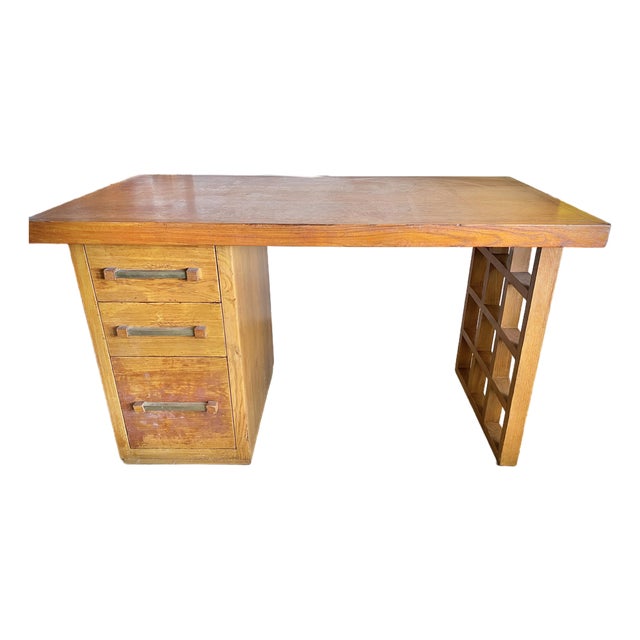Mid Century Wood Desk With Lattice Leg For Sale