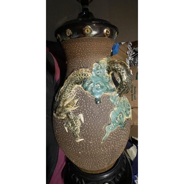 Antique Meiji Period Japanese Sumida Gawa Moriage Dragon Vase Lamp For Sale - Image 12 of 18