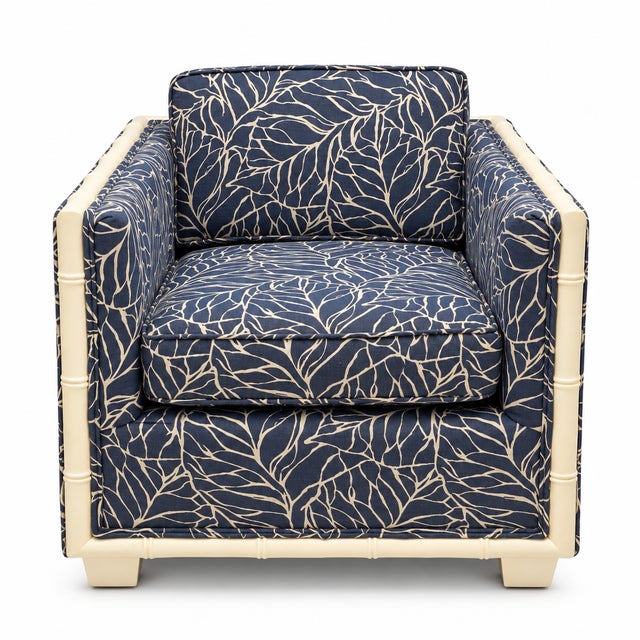 Hollywood Regency Era Navy Blue Faux Bamboo Banana Leaf Club Chairs, Pair For Sale - Image 4 of 8
