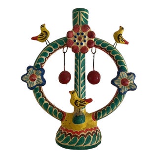 Mid 20th Century Mexican Folk Art Pottery Candlestick Holder Birds and Flowers Hand Painted For Sale