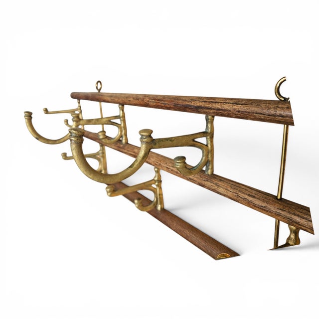 Rustic European Antique French Brass and Oak Expandable Bistro Coat Rack For Sale - Image 3 of 12