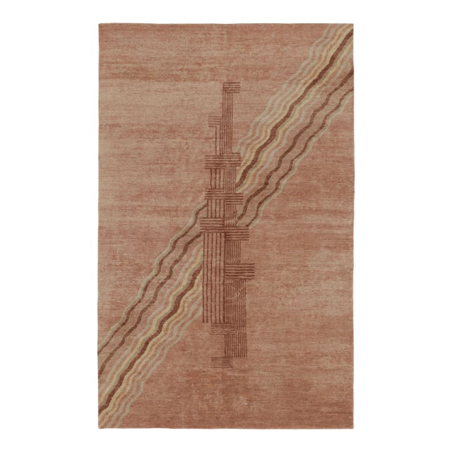 Rug & Kilim’s French Art Deco Style Rug in Beige & Pink With Stylized Skyscraper For Sale