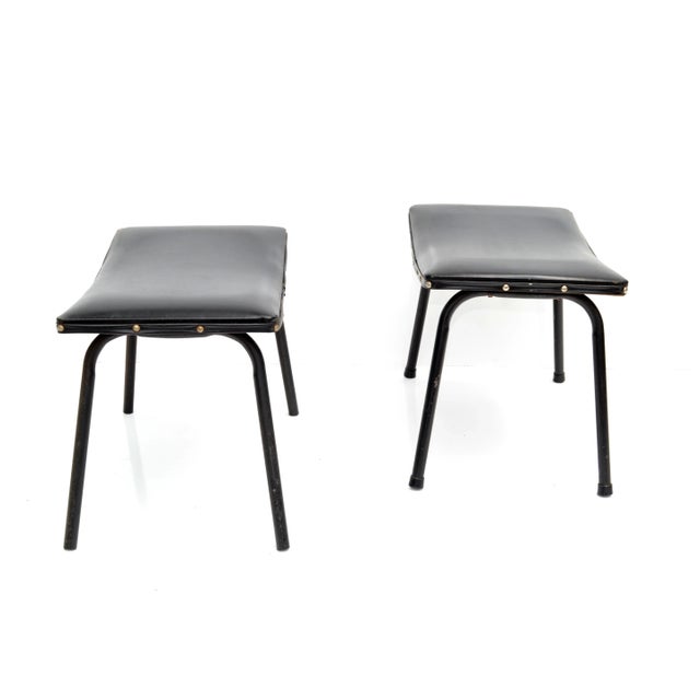 Pierre Guariche French Black Benches Steel & Distressed Faux Leather 1960 - A Pair For Sale In Miami - Image 6 of 12