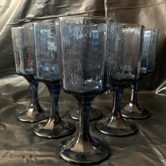 Contemporary 1980s Textured Octagonal Dusky Blue Cobalt Water Glass Goblets - Set of 6 For Sale - Image 3 of 5