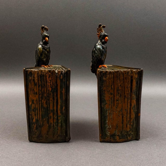 Pompeian Bronze Co. Antique Atlas of the World Cockatoo Parrot Bookend Set of 2 For Sale - Image 4 of 8