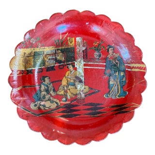 Red Papier Mache Wine Coaster With Scalloped Rim For Sale