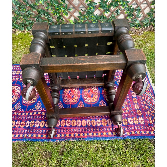 Vintage Spanish Revival Woven Leather Strap Rolling Footstool For Sale - Image 4 of 13