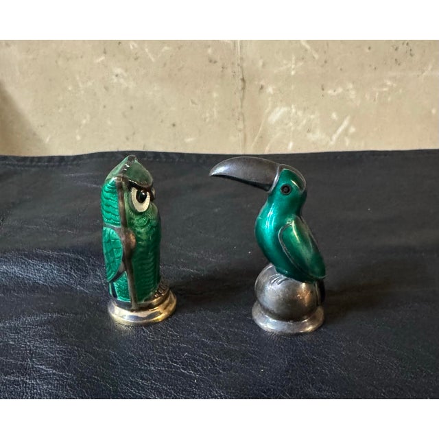 1950s Mid-Century Modern David Andersen Norwegian Sterling Silver & Enamel Owl&bird Salt and Pepper Shakers, Pair For Sale - Image 10 of 12