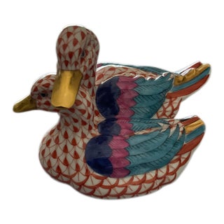 Herend Rust Colored Fishnet “Pair of Ducks” Figurines For Sale