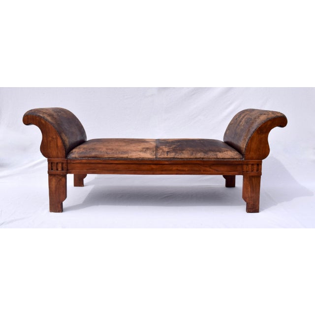 Vintage Leather Roll Arm Bench, Carved Oak Frame, Mission Style, Usa For Sale - Image 11 of 12