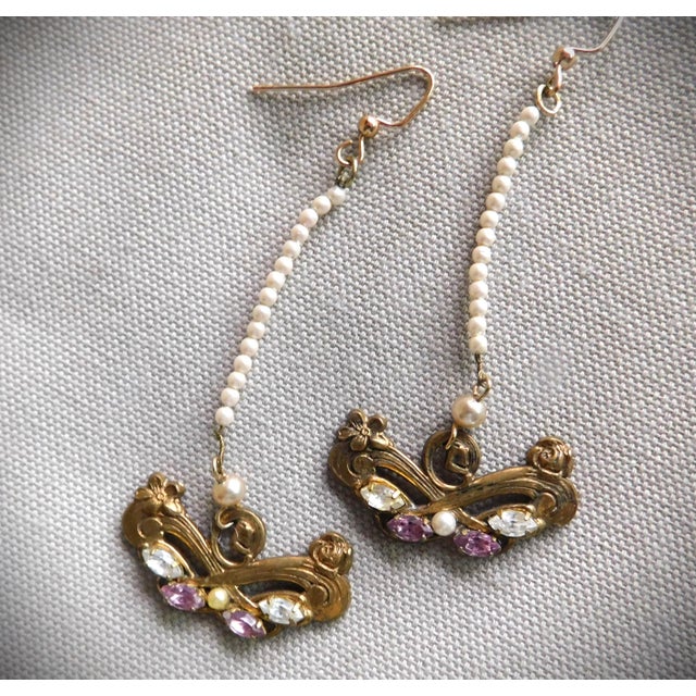 Gold Vintage Seed Pearl, Amethyst and Crystal Long Drop Earrings For Sale - Image 8 of 10