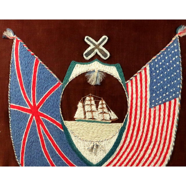 Brown Sailor's Woolworks, Rare Square Pair on Velvet With Union Jack, Stars and Stripes and Royal Navy Ensigns For Sale - Image 8 of 13