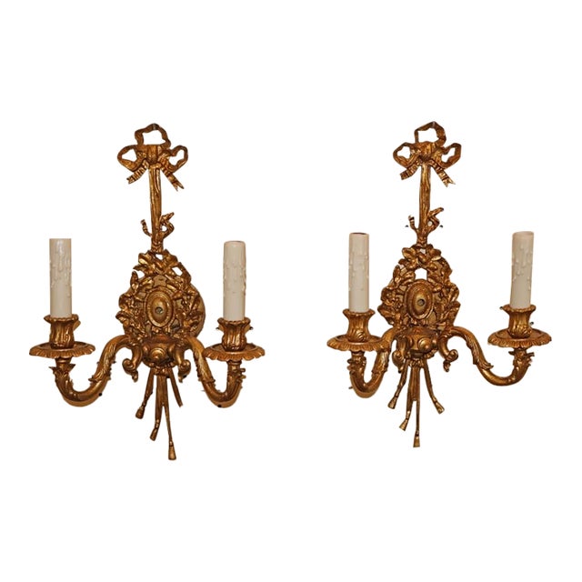 Mid 20th Century Elegant Louis XV French Style Gilt Bronze Two-Light Wall Sconces - Pair For Sale