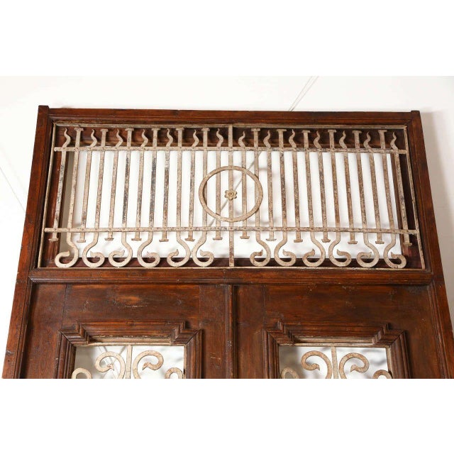 French Provincial Antique French Painted Double Entry Doors With Transom Wood and Wrought Iron For Sale - Image 3 of 18