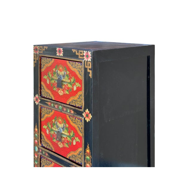 Tibetan Style Red Flower Graphic Slim Narrow 6 Drawers Storage Cabinet For Sale - Image 11 of 11