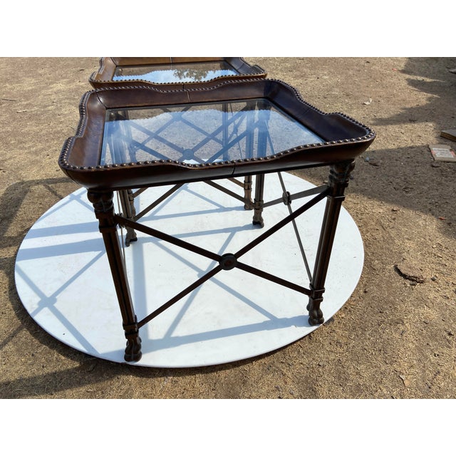 Vintage Attributed to Matiland Smith Nail Head Leather and Glass End Side Tables À Pair For Sale - Image 11 of 18